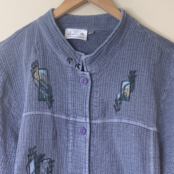 Linda K Originals | Blue Hand Painted Button Down Textured 100% Cotton Jacket M - Picture 6 of 17
